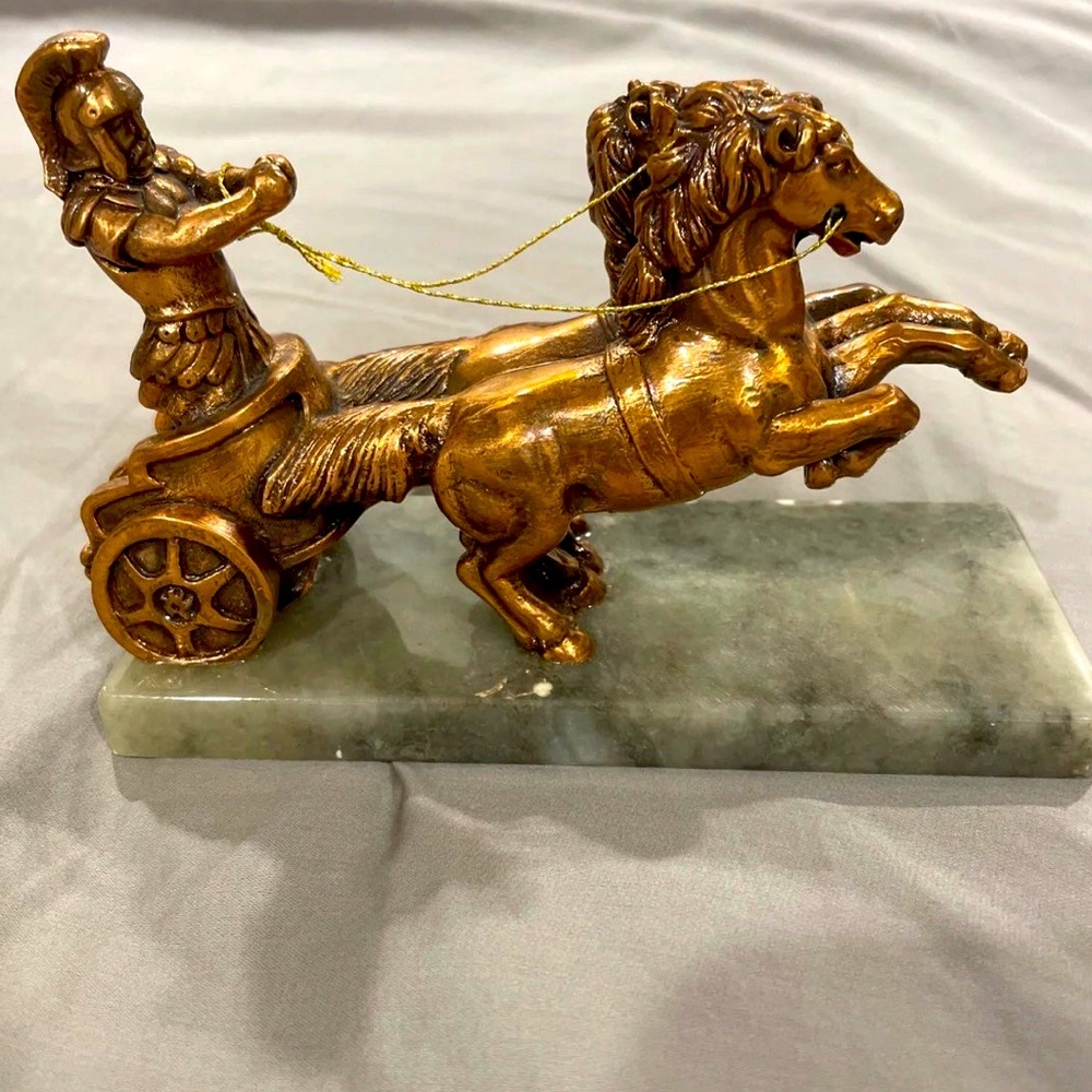 Bronze Statue Marble Base Copper Gladiator Chariot Race With Two Horses